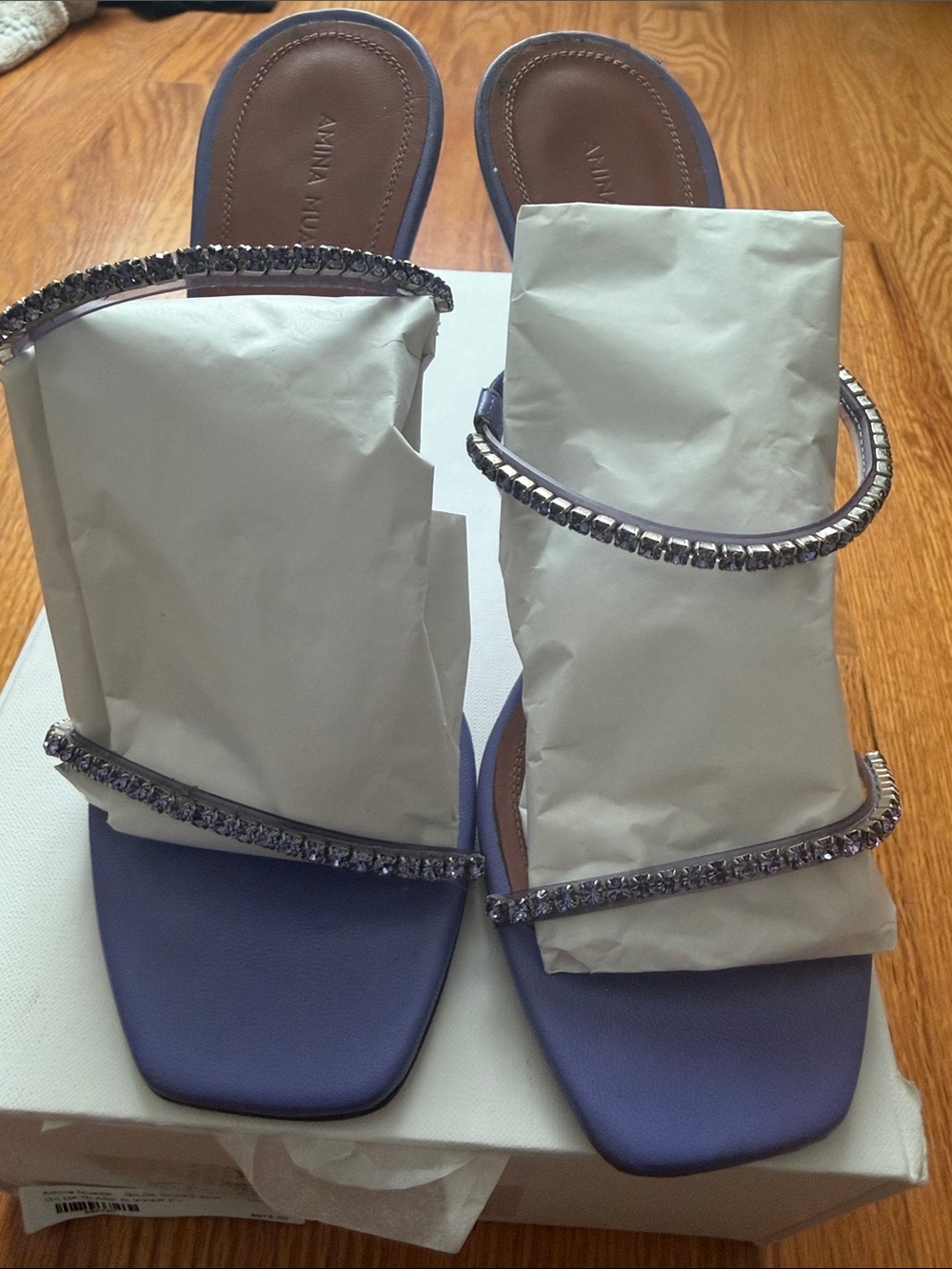 Amina Muaddi Lilac Crystal-Strap Slide Sandals